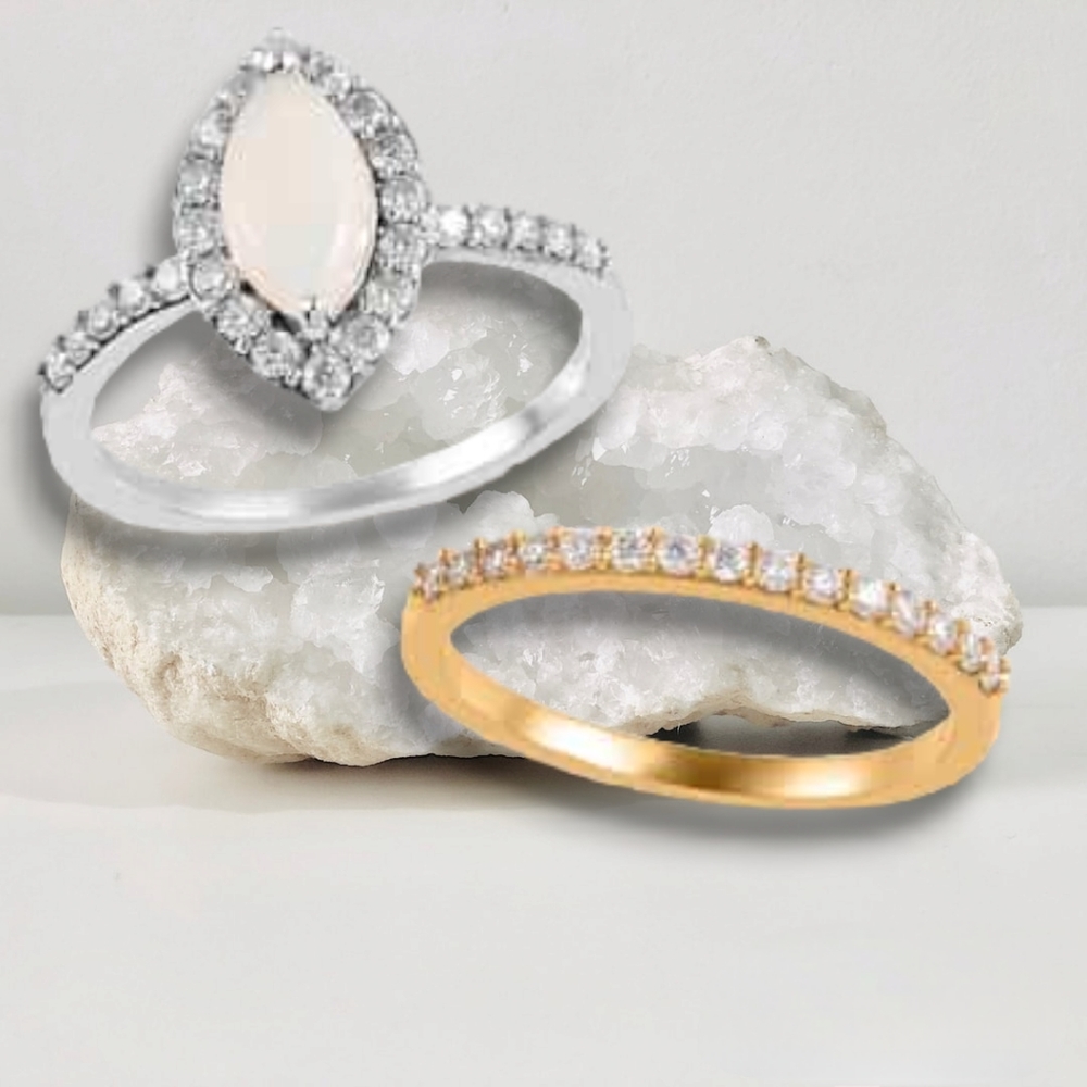 NWT TWO OPAL & MOISSANITE STACKABLE RINGS IN 14KTG OVER STERLING SILVER SZ 7.0